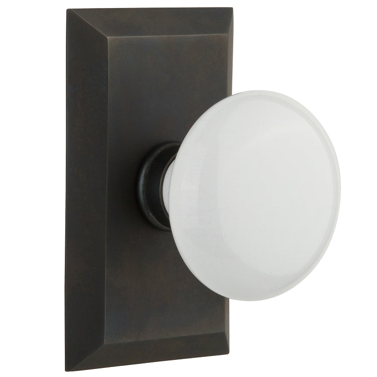 Nostalgic Warehouse Studio Plate with White Porcelain Knob - Oil rubbed bronze