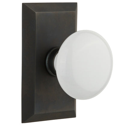 Nostalgic Warehouse Studio Plate with White Porcelain Knob - Oil rubbed bronze
