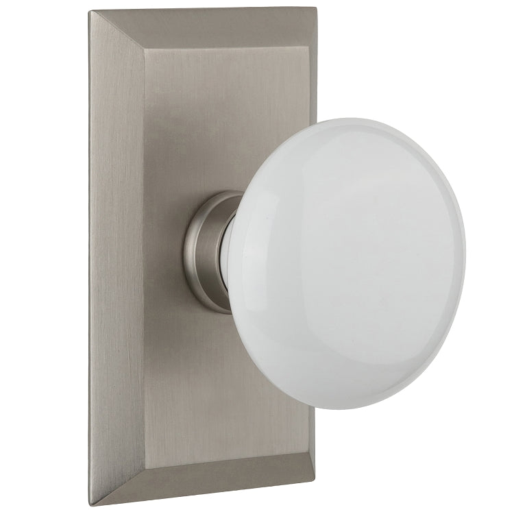 Nostalgic Warehouse Studio Plate with White Porcelain Knob - Satin nickel
