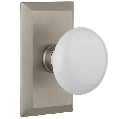 Nostalgic Warehouse Studio Plate with White Porcelain Knob - Satin nickel