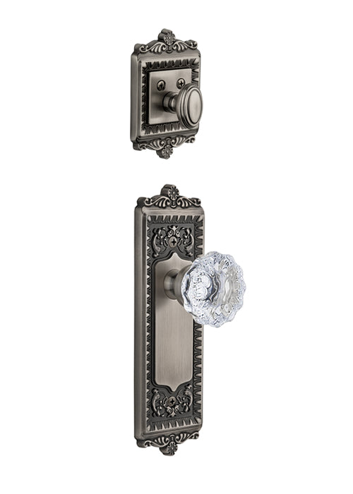 Grandeur Windsor Handleset with Fontainebleau Knob - Interior Half Only Antique Pewter