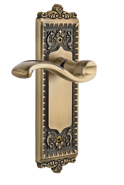Grandeur Windsor Plate with Portofino Lever in Vintage Brass