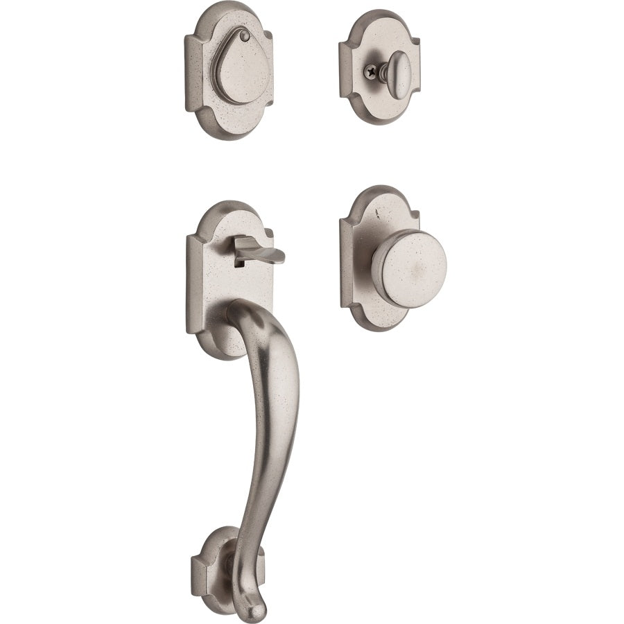 Adirondack Handleset Shown with Rustic Arch Rosette and Rustic Knob in White Bronze