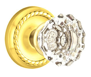 Emtek Astoria Clear Crystal Knob with Rope Rosette - Polished Brass