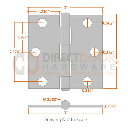 Measurements for Baldwin Estate Series 3x3 Hinge - Square Corners