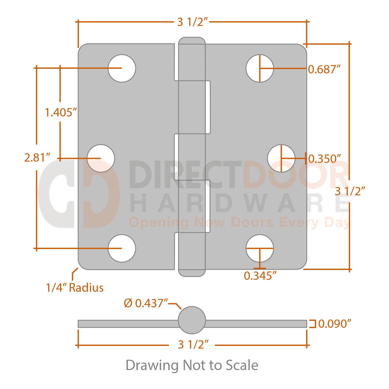 Measurements for Baldwin Estate Series 3 1/2 inch Hinge - 1/4 inch Radius