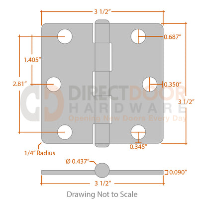 Measurements for Baldwin Estate Series 3 1/2 inch Hinge - 1/4 inch Radius
