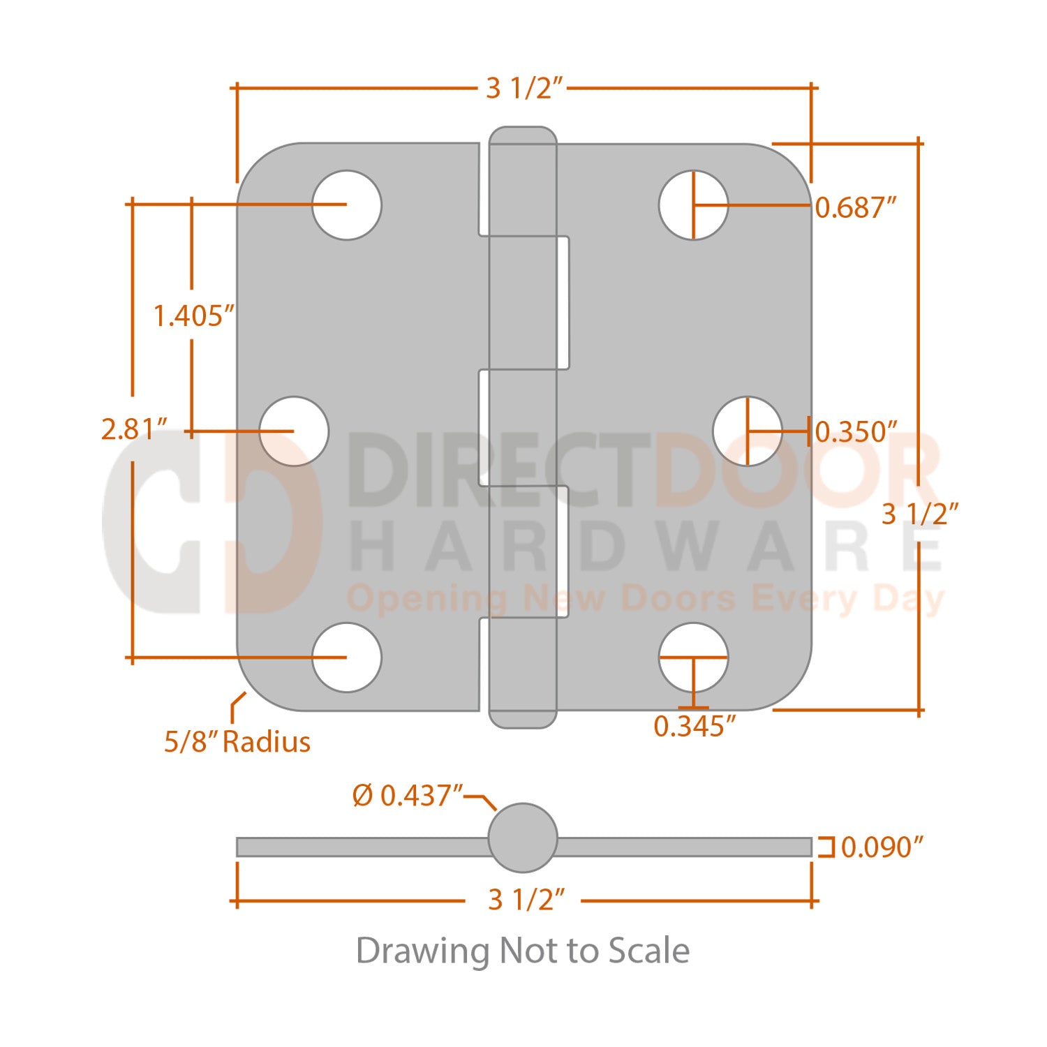 Measurements for Baldwin Estate Series 3 1/2 inch Hinge - 5/8 inch Radius