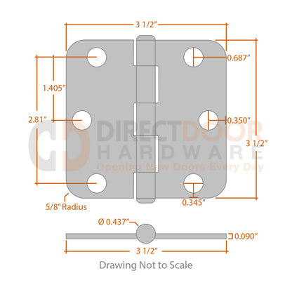 Measurements for Baldwin Estate Series 3 1/2 inch Hinge - 5/8 inch Radius