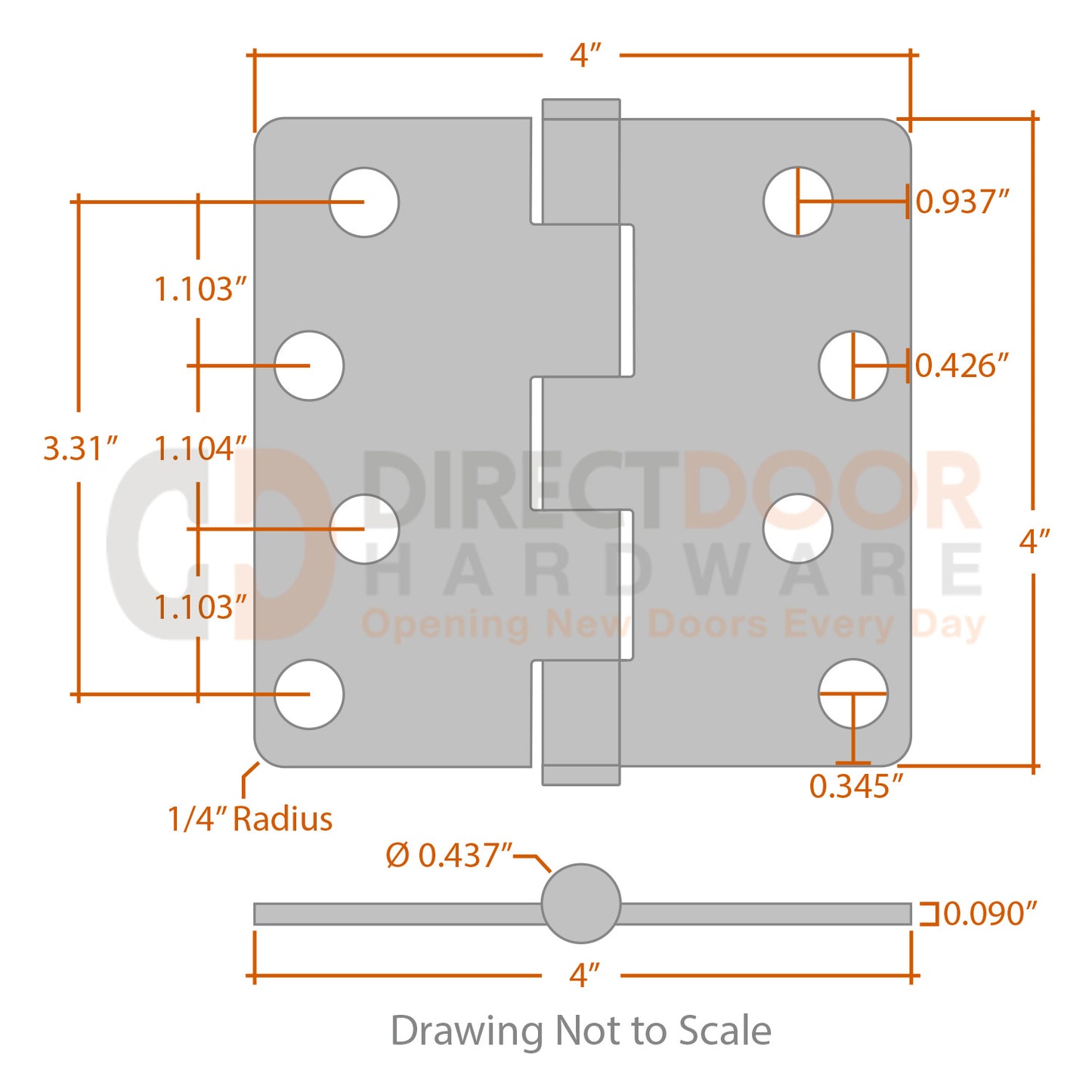 Measurements for Baldwin Estate Series 4x4 inch Hinge - 1/4 inch Radius