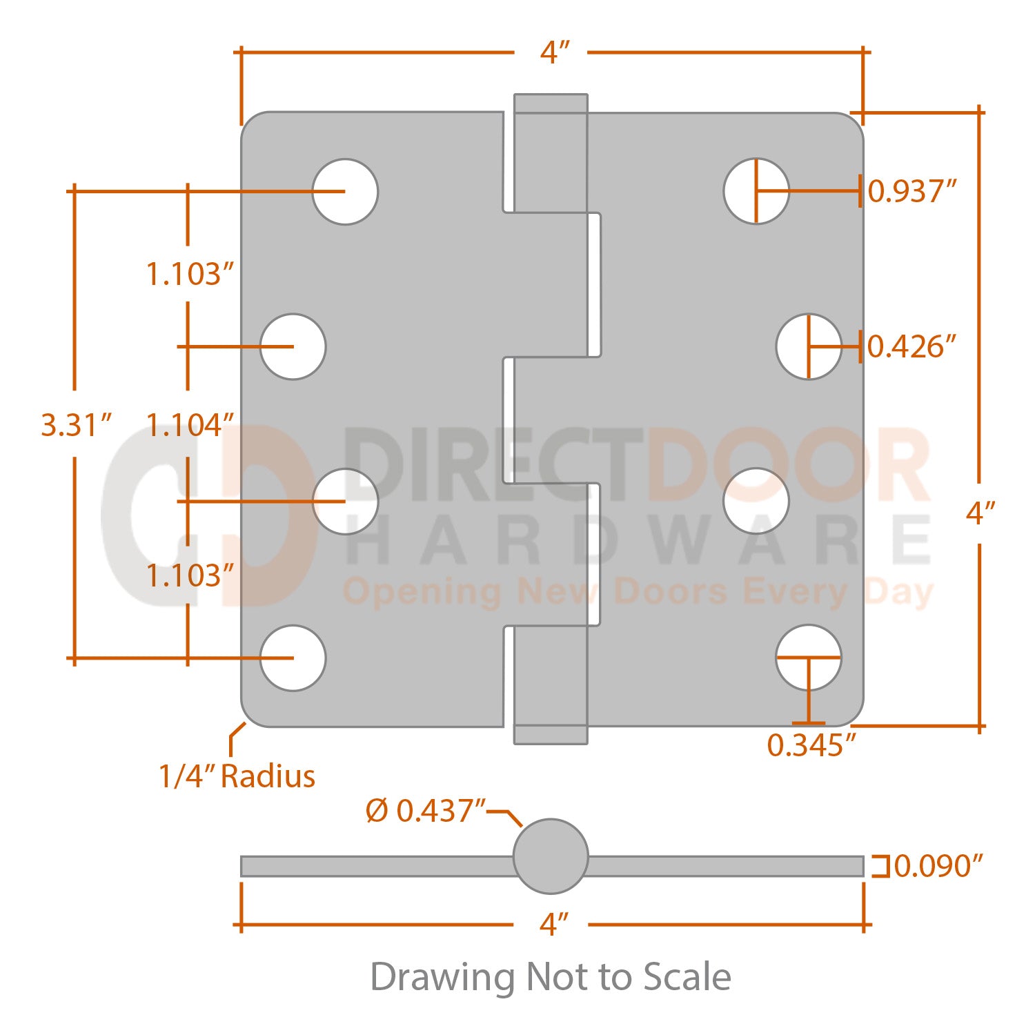 Measurements for Baldwin Estate Series 4x4 inch Hinge - 1/4 inch Radius