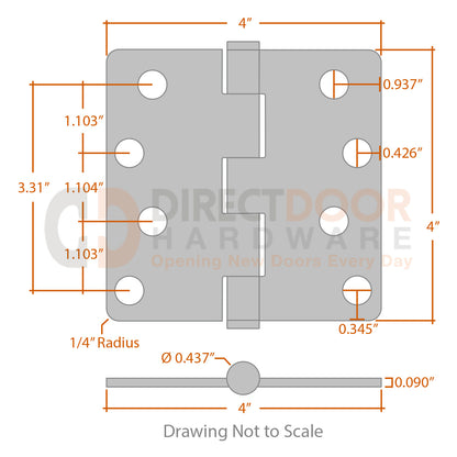 Measurements for Baldwin Estate Series 4x4 inch Hinge - 1/4 inch Radius