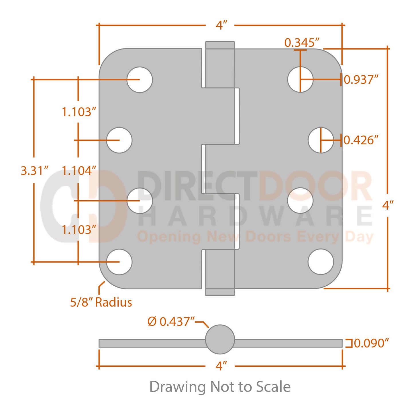 Measurements for Baldwin Estate Series 4x4 inch Hinge - 5/8 inch Radius
