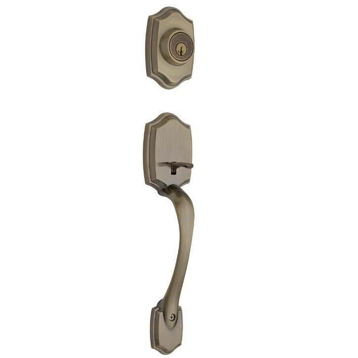 Kwikset Belleview handleset in Antique Brass