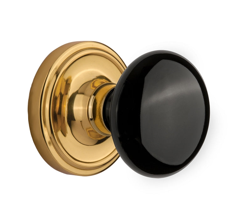 Nostalgic Warehouse Black Porcelain Knob with Classic Rosette - Polished Brass