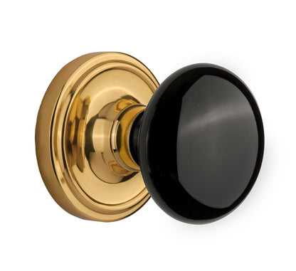 Nostalgic Warehouse Black Porcelain Knob with Classic Rosette - Polished Brass