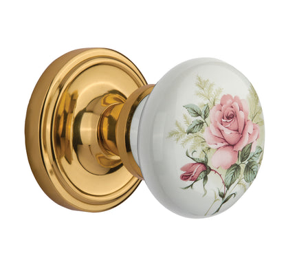 Nostalgic Warehouse Rose Porcelain Knob with Classic Rosette - Polished Brass