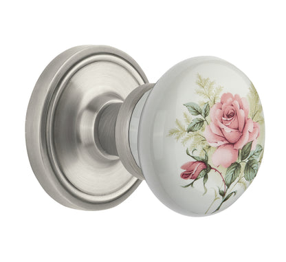 Nostalgic Warehouse Rose Porcelain Knob with Classic Rosette - Satin Nickel