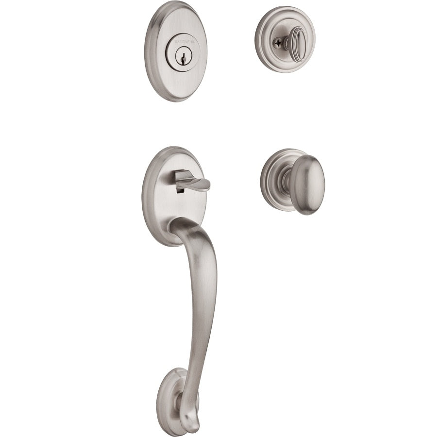 Columbus Handleset Shown with Traditional Round Rosette and Ellipse Knob in Satin Nickel