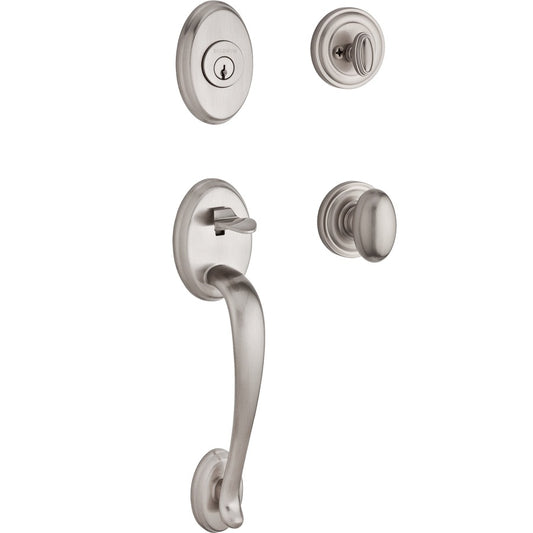 Columbus Handleset Shown with Traditional Round Rosette and Ellipse Knob in Satin Nickel