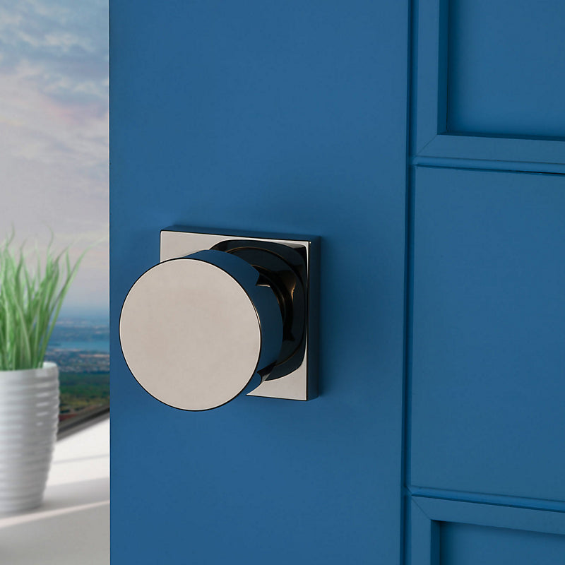 Baldwin Reserve Series Contemporary Knob with Square Rosette shown here in Polished Nickel.