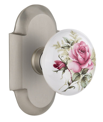 Nostalgic Warehouse Cottage Plate with Rose Porcelain Knob - Satin nickel