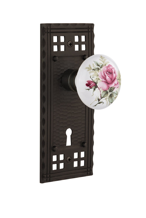Nostalgic Warehouse Craftsman Plate and White Rose Porcelain Knob - Mortise Lock