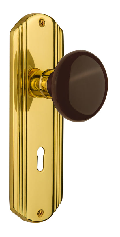 Nostalgic Warehouse Deco Plate with Brown Porcelain Knob - Polished Brass