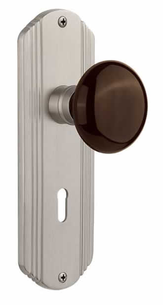 Nostalgic Warehouse Deco Plate with Brown Porcelain Knob - Satin Nickel