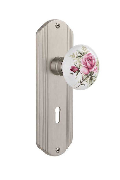 Nostalgic Warehouse Deco Plate with Rose Porcelain Knob - Satin Nickel