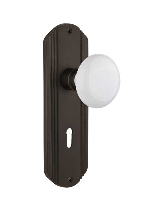 Nostalgic Warehouse Deco Plate with White Porcelain Knob - Oil-Rubbed Bronze