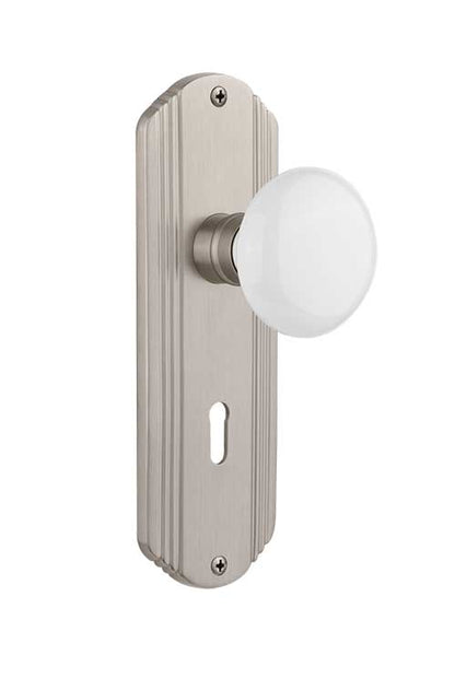 Nostalgic Warehouse Deco Plate with White Porcelain Knob - Satin Nickel