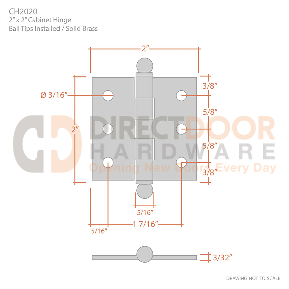 Measurements for Deltana 2 x 2 Inch Cabinet Hinge