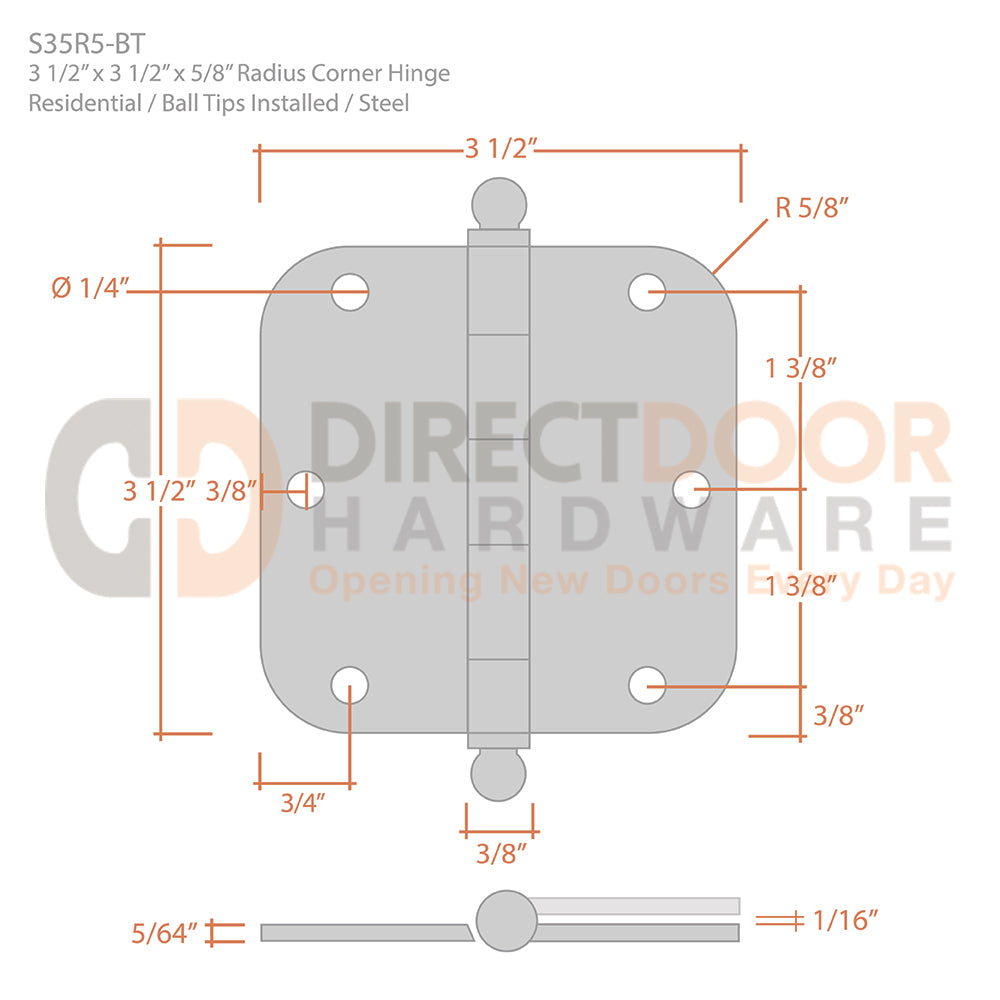 Measurements for Deltana 3 1/2" x 3 1/2" x 5/8" Radius Corner Hinge with Ball Tips