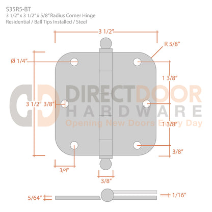 Measurements for Deltana 3 1/2" x 3 1/2" x 5/8" Radius Corner Hinge with Ball Tips