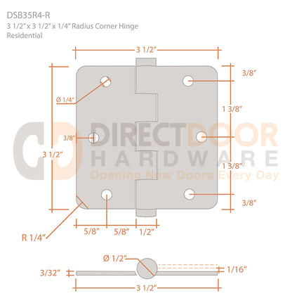 Deltana 3 1/2 x 3 1/2 Inch 1/4 Radius Corner Hinge Measurements