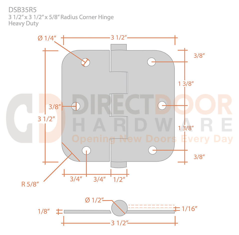 Deltana 3 1/2 x 3 1/2 Inch 5/8 Radius Corner Heavy Duty Hinge Measurements