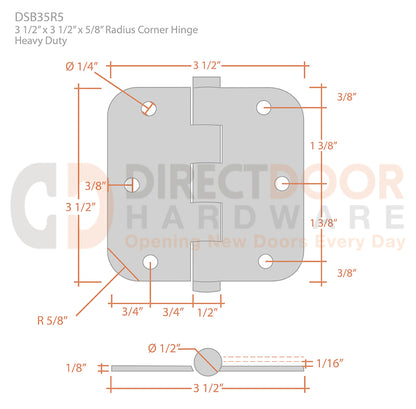 Deltana 3 1/2 x 3 1/2 Inch 5/8 Radius Corner Heavy Duty Hinge Measurements