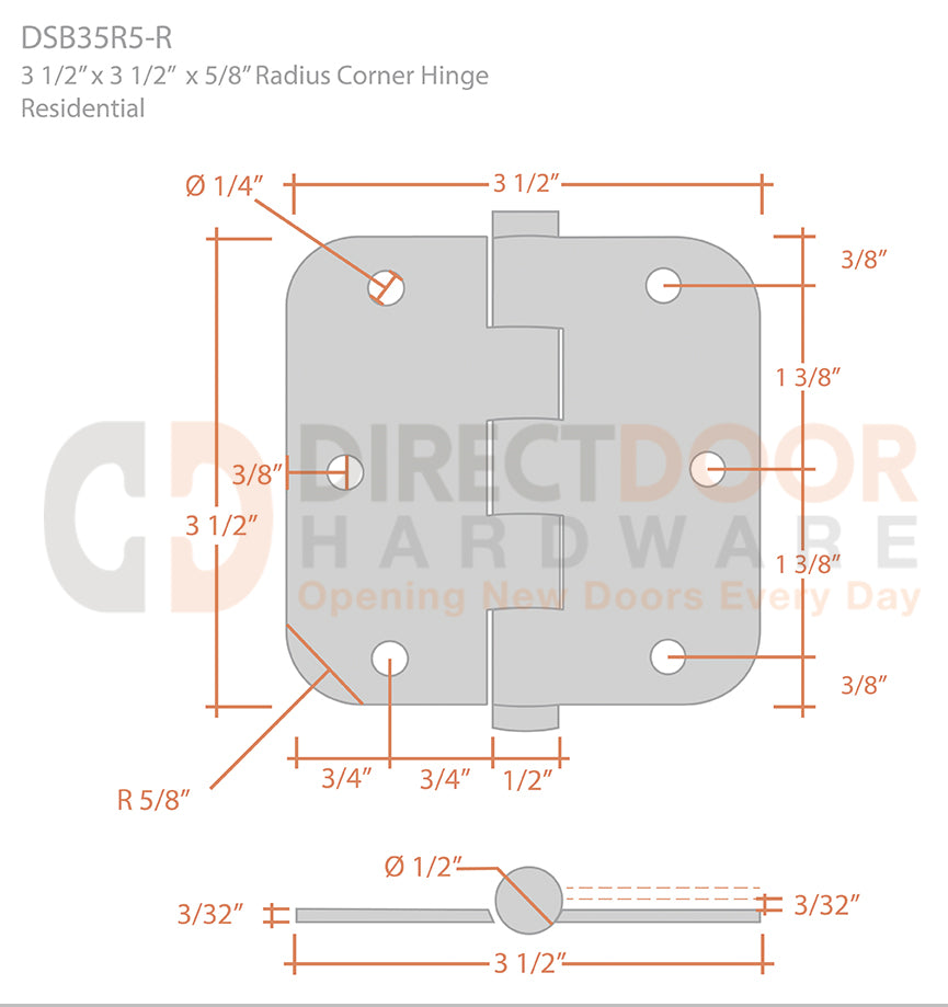Deltana 3 1/2 x 3 1/2 Inch 5/8 Radius Corner Residential Hinge Measurements