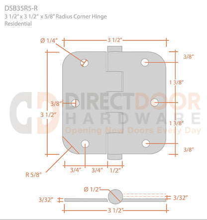 Deltana 3 1/2 x 3 1/2 Inch 5/8 Radius Corner Residential Hinge Measurements