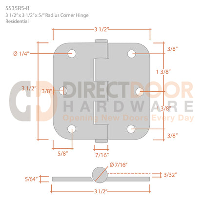 Deltana 3 1/2 x 3 1/2 Inch 5/8" Radius Corner Stainless Steel Hinge Measurements