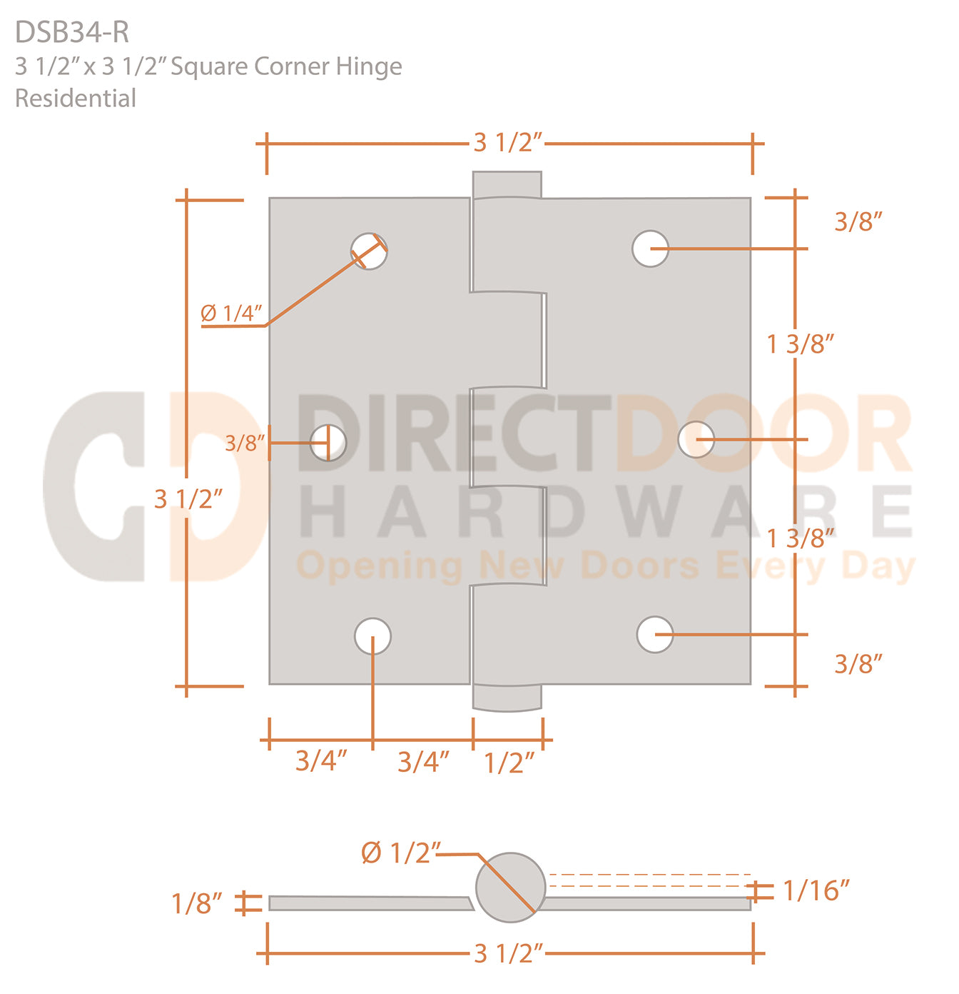 Deltana 3 1/2 x 3 1/2 Inch Square Corner Hinge Measurements