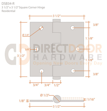 Deltana 3 1/2 x 3 1/2 Inch Square Corner Hinge Measurements