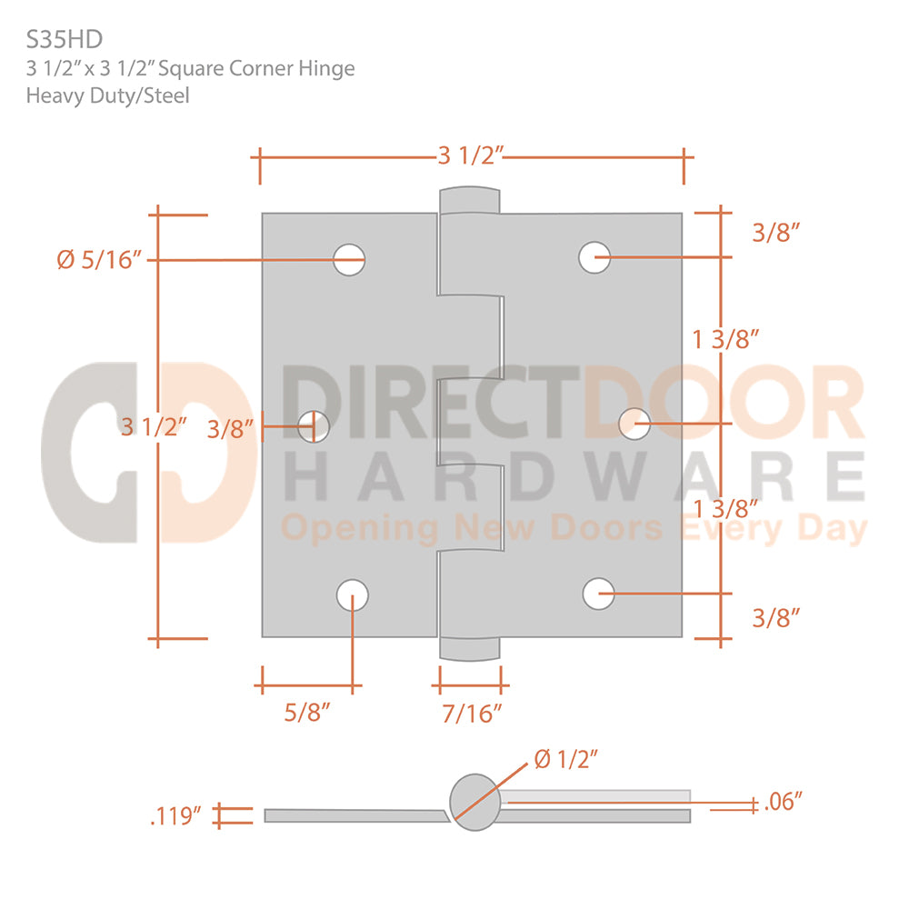 Deltana 3 1/2 x 3 1/2 Inch Heavy Duty Door Hinge Measurements