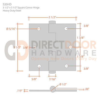 Deltana 3 1/2 x 3 1/2 Inch Heavy Duty Door Hinge Measurements