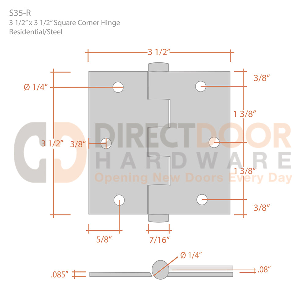 Deltana 3 1/2" x 3 1/2" Square Corner Steel Hinge Measurements
