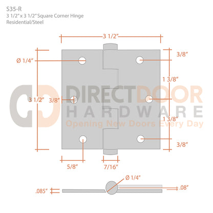 Deltana 3 1/2" x 3 1/2" Square Corner Steel Hinge Measurements