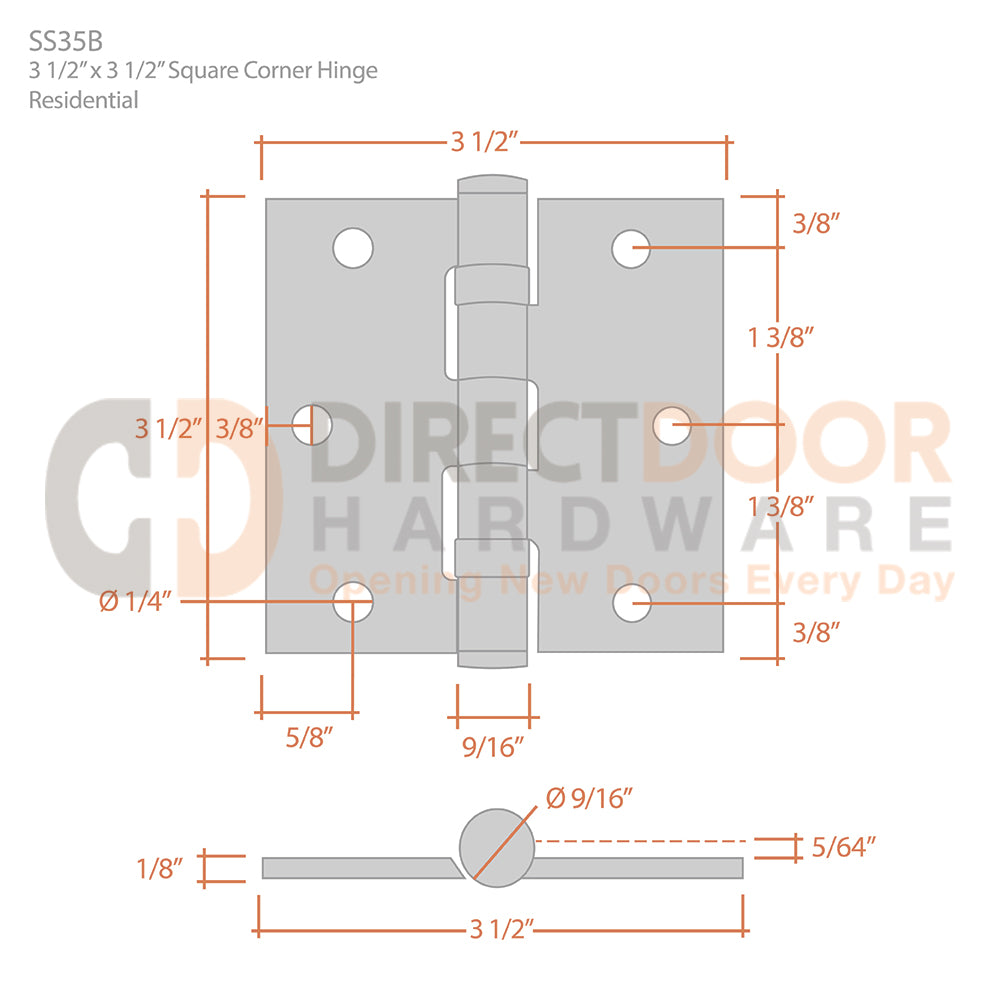 Deltana 3 1/2 x 3 1/2 Inch Square Corner Stainless Steel Ball Bearing Hinge Measurements