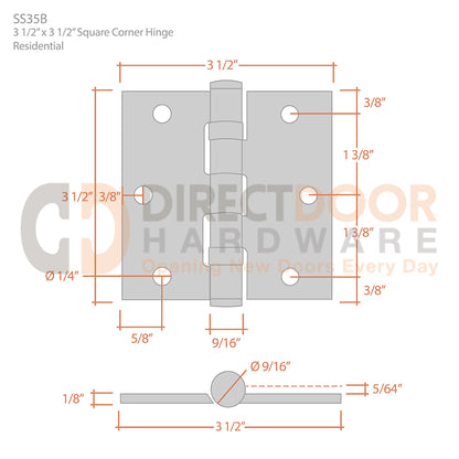 Deltana 3 1/2 x 3 1/2 Inch Square Corner Stainless Steel Ball Bearing Hinge Measurements