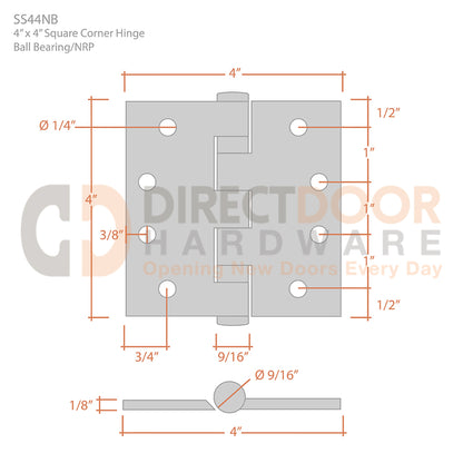 Deltana 4" x 4" Square Corner Stainless Steel NRP Ball Bearing Hinge Measurements